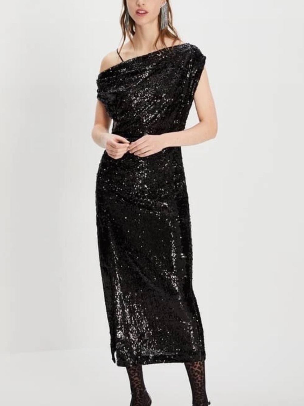 Zara Woman Black Off Shoulder Ruched Sequined Formal Occasion Maxi Dress